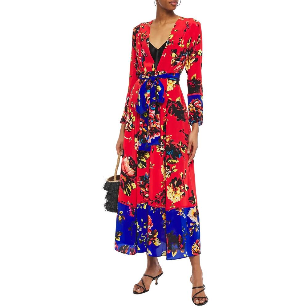 We Are LEONE 100% Silk Red Peony Maxi Cardigan Duster Robe Dress Boho Beach S/XS